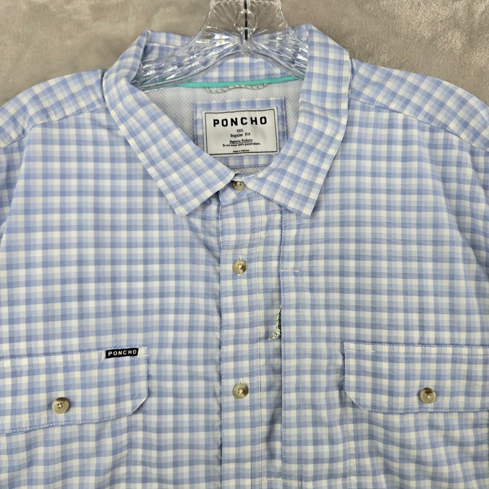Poncho Outdoors Shirt Mens 3XL Blue Gingham Magnetic Pockets Vented Performance